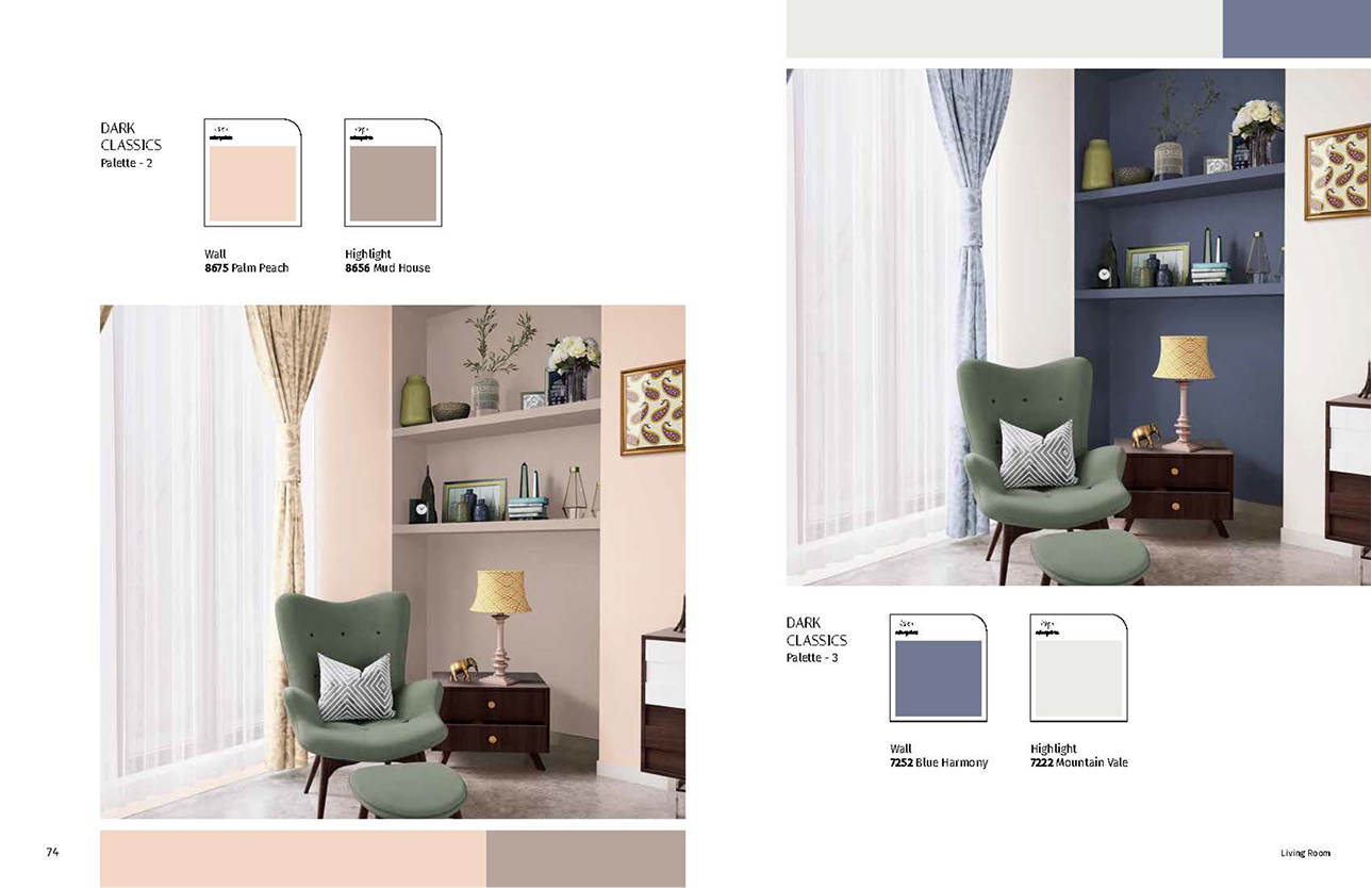 Ranganataka Dark Classics palettes shown across styled interiors with wall and highlight swatches